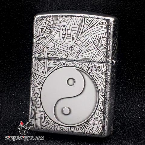 Bật Lửa Zippo Bạc Nguyên Khối Cao Cấp Khắc Hoa Văn Bát Quái Vỏ Dầy Bản Armor