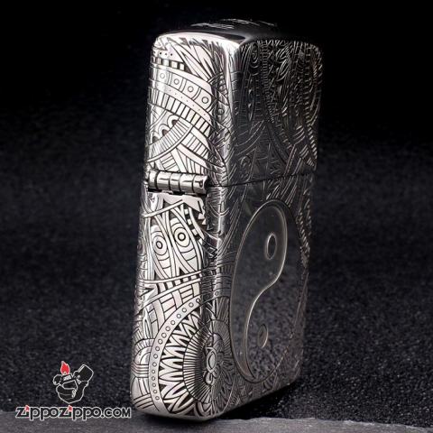 Bật Lửa Zippo Bạc Nguyên Khối Cao Cấp Khắc Hoa Văn Bát Quái Vỏ Dầy Bản Armor