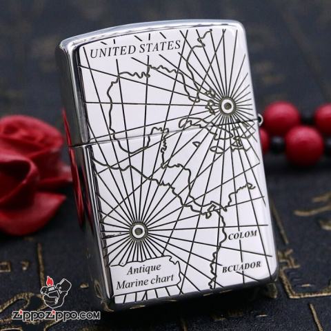 Bật Lửa Zippo Bạc Nguyên Khối Cao Cấp Khắc Hoa Văn La Bàn Và Bản Đồ Mỹ Vỏ Dầy Bản Armor