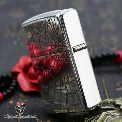 Bật Lửa Zippo Bạc Nguyên Khối Cao Cấp Khắc Hoa Văn La Bàn Và Bản Đồ Mỹ Vỏ Dầy Bản Armor