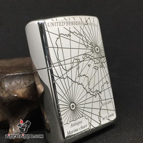 Bật Lửa Zippo Bạc Nguyên Khối Cao Cấp Khắc Hoa Văn La Bàn Và Bản Đồ Mỹ Vỏ Dầy Bản Armor