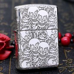 Bật Lửa Zippo Bạc Nguyên Khối Cao Cấp Khắc  Năm Mặt Đầu Lâu Hoa Hồng Vỏ Dày Armor - Mã SP: ZPC2842-A