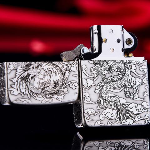 Bật Lửa Zippo Bạc Nguyên Khối Cao Cấp Khắc Rồng Nhả Ngọc  Phiên Bản 1941