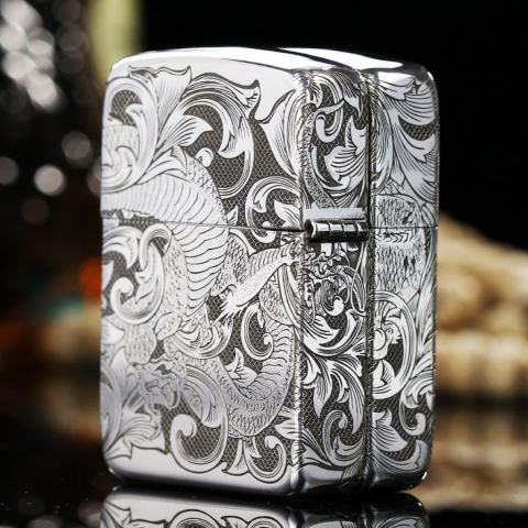 Bật Lửa Zippo Bạc Nguyên Khối Cao Cấp Khắc Rồng Quấn Quanh Phiên Bản 1941