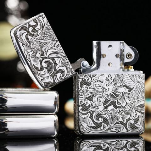 Bật Lửa Zippo Bạc Nguyên Khối Cao Cấp Khắc Rồng Quấn Quanh Phiên Bản 1941