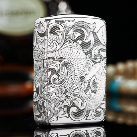 Bật Lửa Zippo Bạc Nguyên Khối Cao Cấp Khắc Rồng Quấn Quanh Phiên Bản 1941