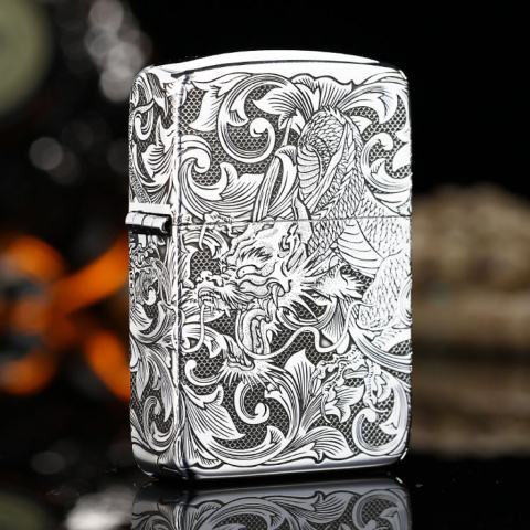 Bật Lửa Zippo Bạc Nguyên Khối Cao Cấp Khắc Rồng Quấn Quanh Phiên Bản 1941