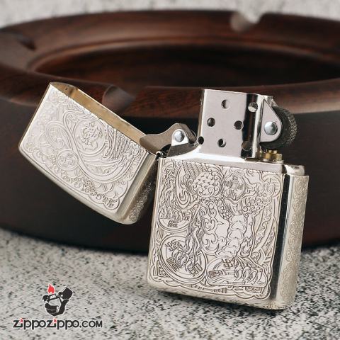 Bật Lửa Zippo Bạc Nguyên Khối Cao Cấp Khắc Tỳ Hưu Ngậm Đồng Tiền Vỏ Dầy Bản Armor