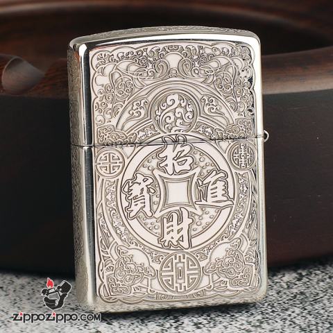 Bật Lửa Zippo Bạc Nguyên Khối Cao Cấp Khắc Tỳ Hưu Ngậm Đồng Tiền Vỏ Dầy Bản Armor