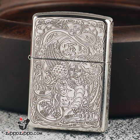 Bật Lửa Zippo Bạc Nguyên Khối Cao Cấp Khắc Tỳ Hưu Ngậm Đồng Tiền Vỏ Dầy Bản Armor