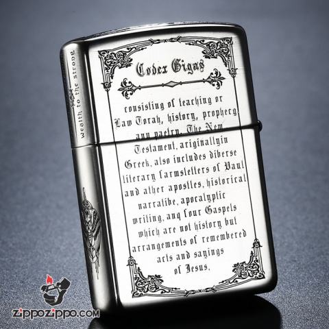 Bật Lửa Zippo Bạc Nguyên Khối Khắc  Codex Gigas Bản Vỏ Mỏng