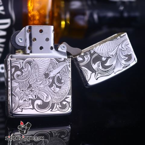 Bật Lửa Zippo Bạc Nguyên Khối Khắc Họa Tiết Rồng Nguyên Cuộn Phiên Bản Giới Hạn