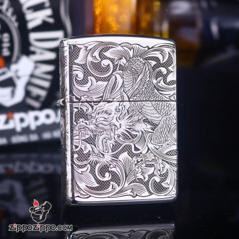 Bật Lửa Zippo Bạc Nguyên Khối Khắc Họa Tiết Rồng Nguyên Cuộn Phiên Bản Giới Hạn