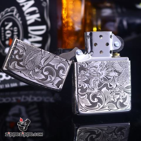 Bật Lửa Zippo Bạc Nguyên Khối Khắc Họa Tiết Rồng Nguyên Cuộn Phiên Bản Giới Hạn