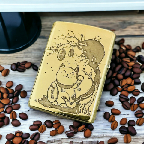 BẬT LỬA ZIPPO BẢN ĐỒNG DÀY KHẮC HÌNH 3D MÈO THẦN TÀI