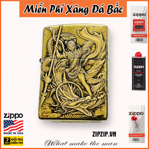 BẬT LỬA ZIPPO  BẢN ĐỒNG TRƠN KHẮC HÌNH 3D NATRA CƯỠI RỒNG SIÊU NÉT