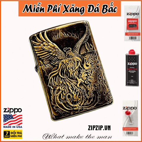 BẬT LỬA ZIPPO BẢN ĐỒNG TRƠN KHẮC HÌNH 3D PHƯỢNG HOÀNG LỬA SIÊU NÉT