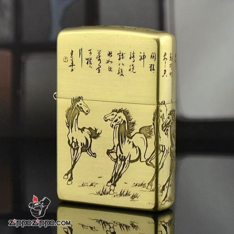 Bật Lửa Zippo Chính Hãng  Đồng Bóng Khắc Tranh Bát Mã Truy Phong