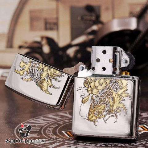 Bật Lửa Zippo Chính Hãng Khắc Hình Cá Rồng Bên Hoa Sen Bản Chrome Armor