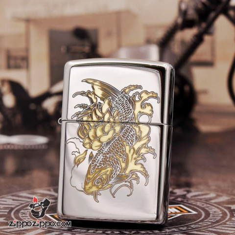 Bật Lửa Zippo Chính Hãng Khắc Hình Cá Rồng Bên Hoa Sen Bản Chrome Armor