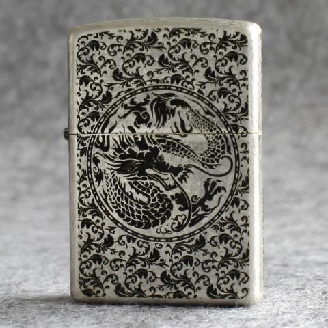 Bật lửa Zippo Chính Hãng Khắc Rồng Phượng Mạ Antique Silver