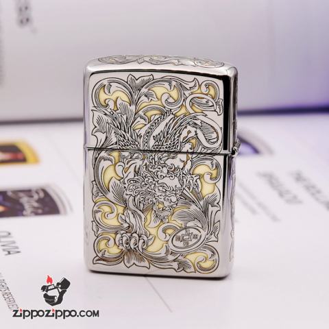 Bật lửa Zippo chính khắc hình kỳ lân phiên bản chrome