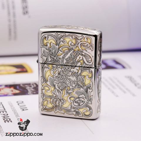 Bật lửa Zippo chính khắc hình kỳ lân phiên bản chrome