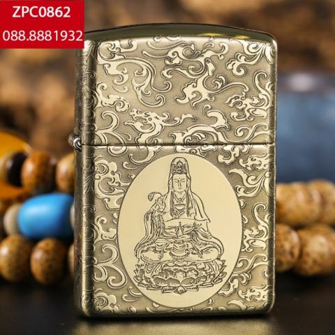 Bật lửa Zippo đồng khắc quan âm có mây bao quanh