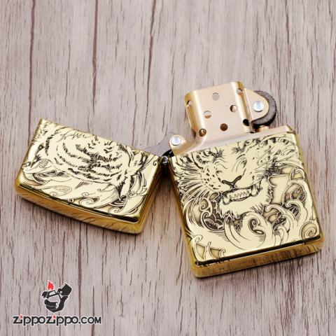 Bật lửa Zippo đồng khối khắc Hổ và móng vuốt Amor