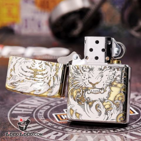 Bật lửa Zippo đồng khối khắc Hổ và móng vuốt Bản Chrome