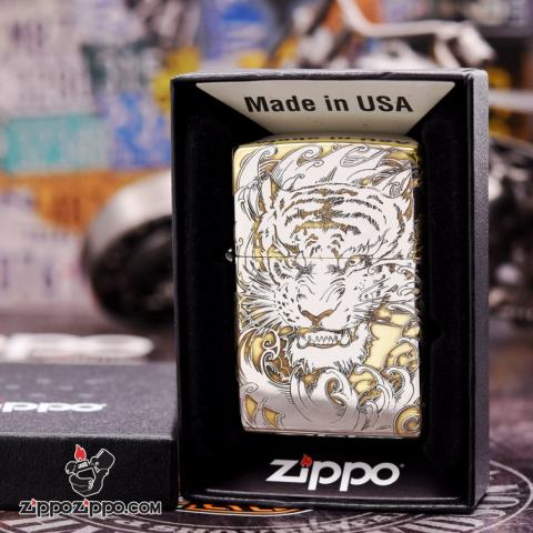 Bật lửa Zippo đồng khối khắc Hổ và móng vuốt Bản Chrome