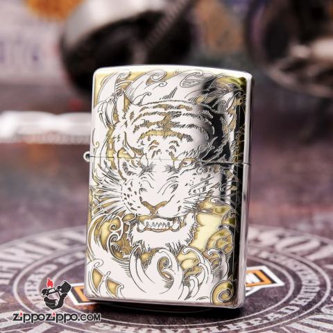 Bật lửa Zippo đồng khối khắc Hổ và móng vuốt Bản Chrome