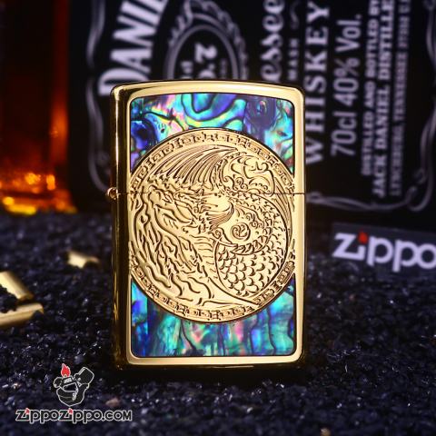 Bật Lửa Zippo Khắc Hình cá Uốn Tròn Dưới Nước Xung Quanh Khảm Trai Màu vàng