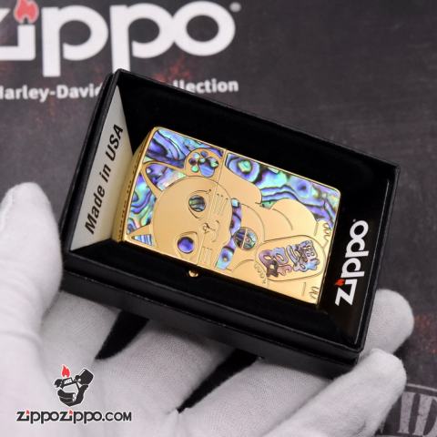 Bật Lửa Zippo Khắc Hình Chú Mèo Thần Tài May Mắn Khảm Trai vàng