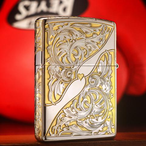 Bật Lửa Zippo Khắc Lô Gô Hoa Văn Trái Tim Mạ Chrome