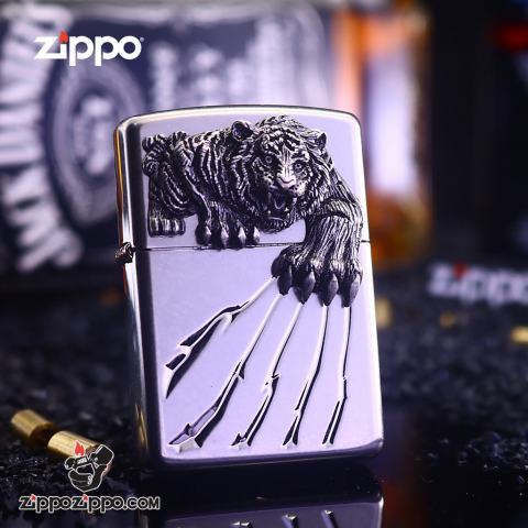 Bật Lửa Zippo Khắc Móng Vuốt Hổ Bạc Đánh Dấu Hổ Xuống Núi