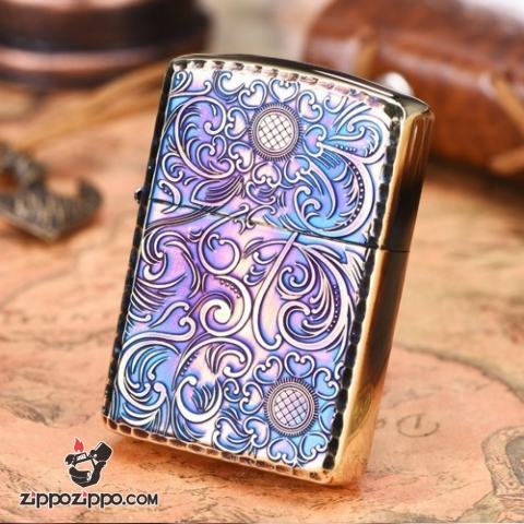 Bật Lửa zippo Màu Vàng Đốt Khắc Hoa Văn