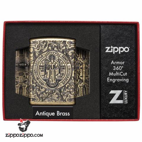 Zippo 29719 - Zippo St. Benedict Design 360 Multicut Antique Brass Armor