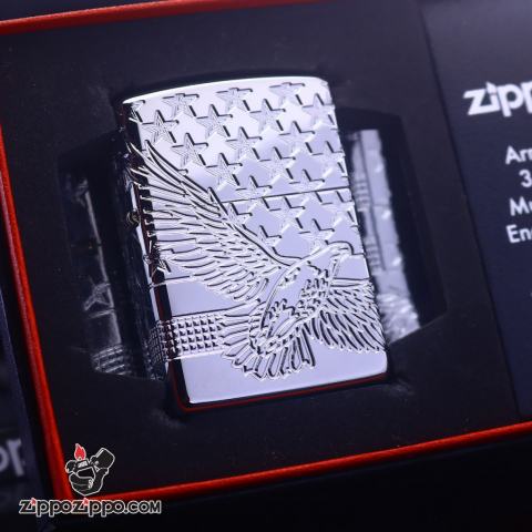 Zippo Armor khắc cao cấp 360 độ hình ảnh lá cờ Mỹ và đại bàng