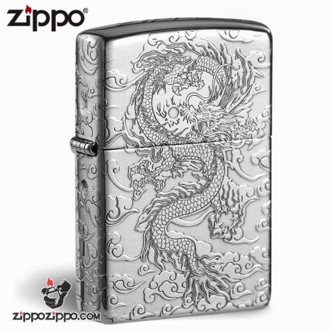 Zippo Bạc nguyên khối  Cao Cấp khắc hình rồng châu Á  Dũng Mãnh bản Armor