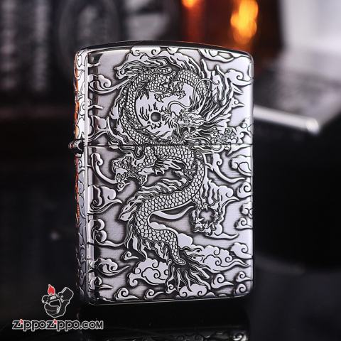 Zippo Bạc Nguyên Khối Cao Cấp Khắc Hình Rồng May Mắn Ôm Ngọc Phiên Bản Giới Hạn