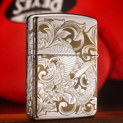 Zippo Chất Liêu Đồng Mạ Chrome Khắc Hình Rồng Nguyên Con