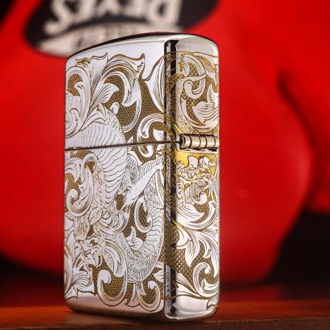 Zippo Chất Liêu Đồng Mạ Chrome Khắc Hình Rồng Nguyên Con