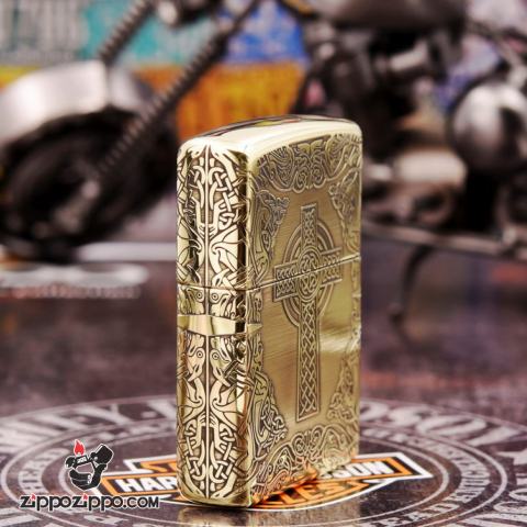 Zippo Chính Hãng Đồng Khắc Hình Chữ Thập Đế Chế La Mã Bản Amor