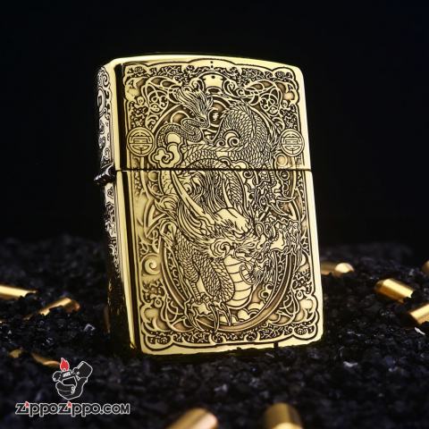 Zippo Chính Hãng Đồng Khắc Rồng Hoa Văn Đồng Xu Tinh Xảo Bản Armor