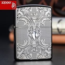 Zippo Chính Hãng Màu Đen Bóng Hoa Văn Đính Đá Vỏ Dày - Mã SP: ZPC1302