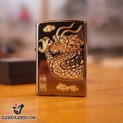 Zippo khắc rồng mạ vàng mầu đen - Mã SP: ZPC1820