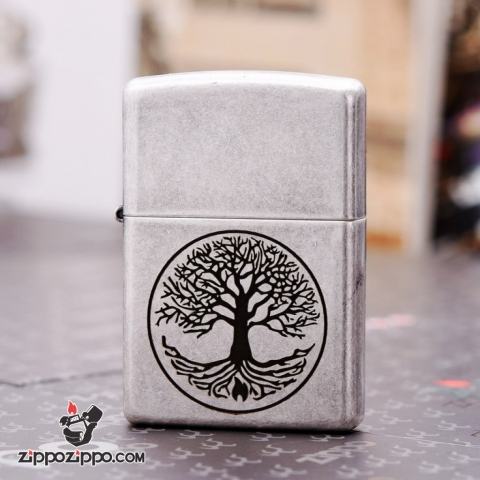 Zippo Mạ bạc cổ khắc hình Cây Của Cuộc Đời