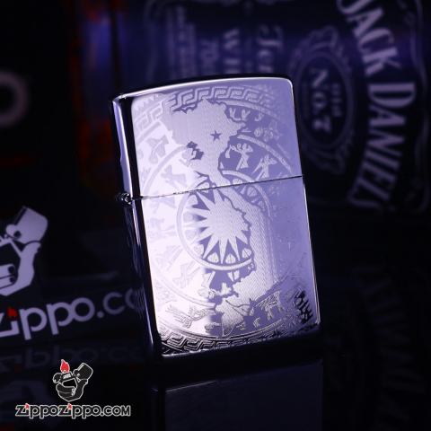 Zippo màu bạc khắc hình trống đồng