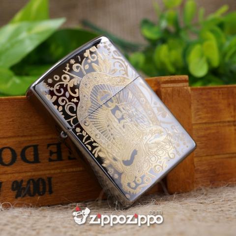 Zippo Màu Đen Bóng Khắc Phật Mạ Vàng